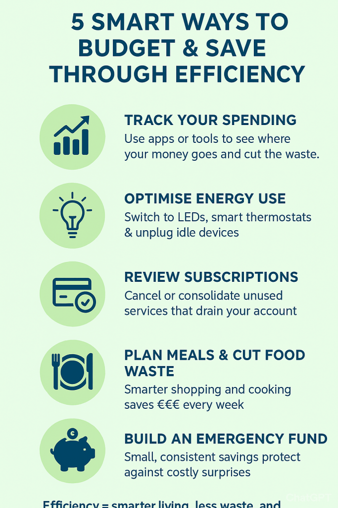 Infographic titled '5 Smart Ways to Budget & Save Through Efficiency' with five tips: Track your spending, optimise energy use, review subscriptions, plan meals & cut food waste, and build an emergency fund.
